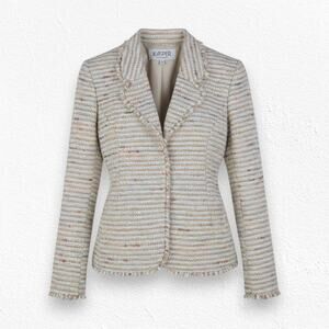 90s Y2K Kasper Beige Brown Boucle Frayed Edge Tweed Blazer Jacket Size 4 Petites